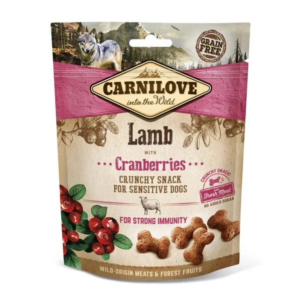 Snack crujiente para perros: carnilove cordero y arándanos 6x200g - delicia saludable