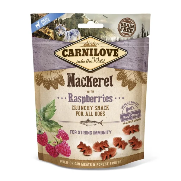 Snack crujiente para perros carnilove: caballa y frambuesas 6x200 gramos - delicia saludable