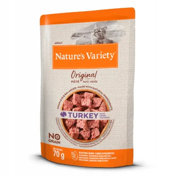Comida para gatos adultos nature's variety feline original pavo 12x70 gramos - nutrición natural