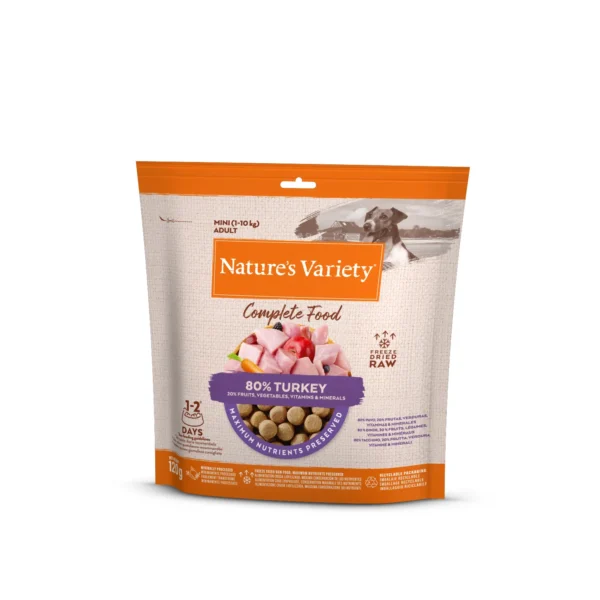 Alimento liofilizado para perros nature’s variety mini pavo 7x120g: nutrición natural y completa