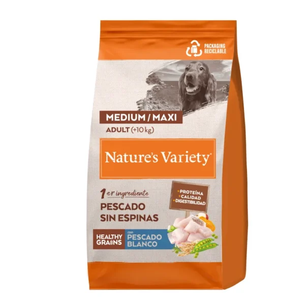 Pienso para perros adultos medianos con pescado 12kg - nature's variety healthy grain