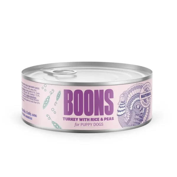 Comida húmeda para cachorros boons de pavo, arroz y guisantes - pack 10x185g lata