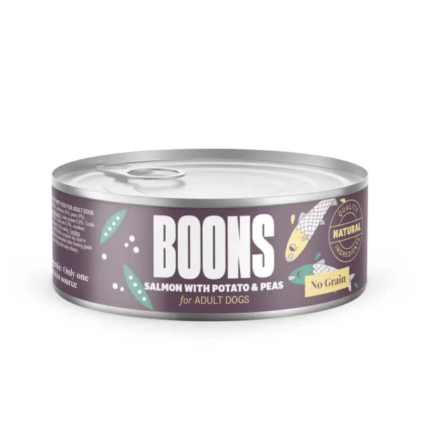 Comida húmeda para perros adultos: salmón, patata y guisantes - pack 10x185g lata