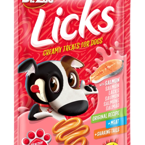 Snacks de salmón para perros dr zoo licks – pack 12x4x15g: delicia saludable y nutritiva