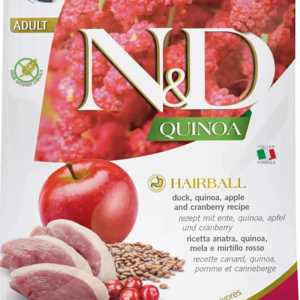 Farmina nd quinoa para gatos antibolas de pelo con pato 1.5kg - nutrición premium
