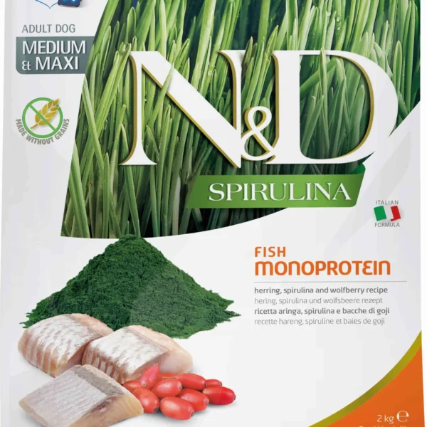 Alimento para perros farmina nd spirulina arenque 2kg - raza mediana y grande