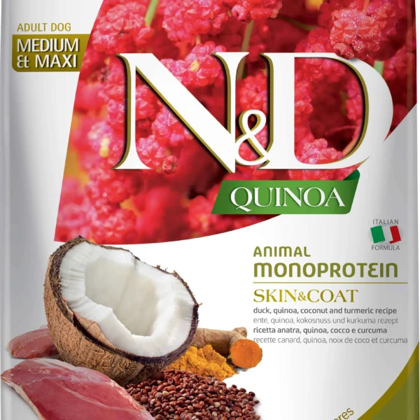 Alimento para perros medianos y grandes: farmina nd quinoa piel y pelaje de pato 7kg