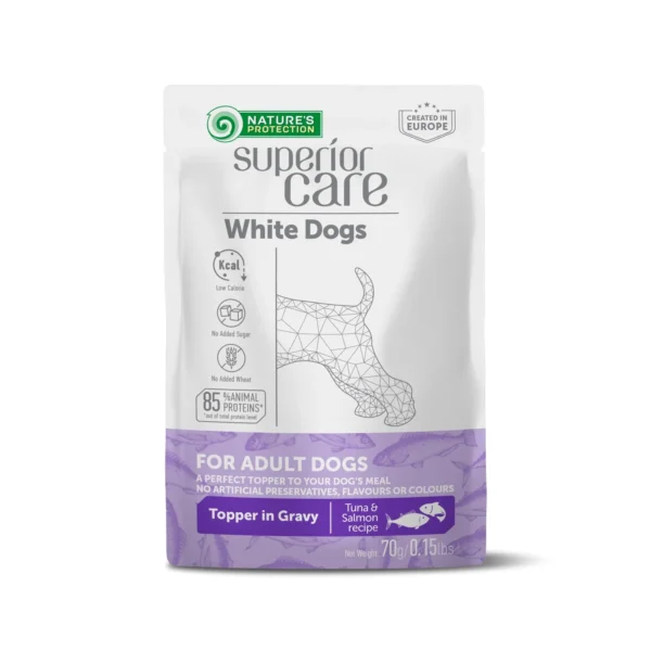 Delicioso topper de atún y salmón para perros adultos blancos - nature’s p sc 24x70 gramos
