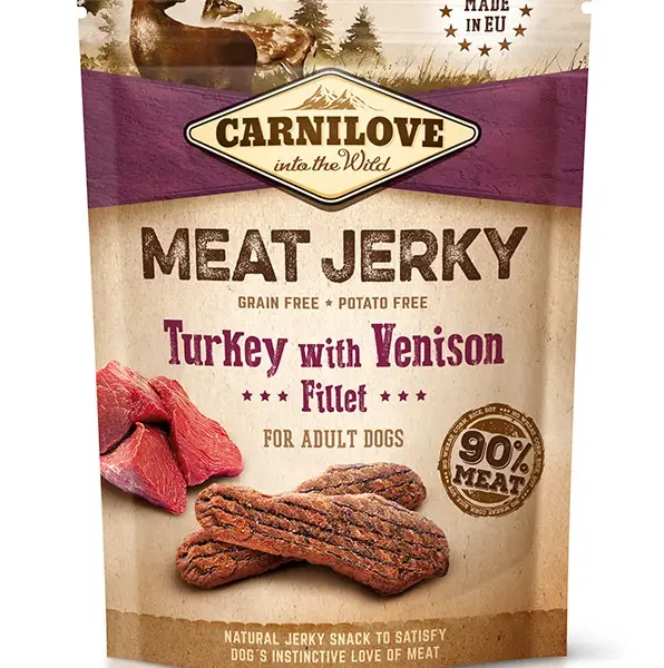 Filetes carnilove jerky de venado y pavo 12x100 gramos: delicia natural para mascotas saludables