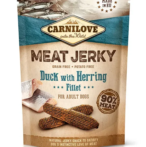 Filetes carnilove jerky de pato y arenques 12x100 gramos: delicia natural para mascotas saludables