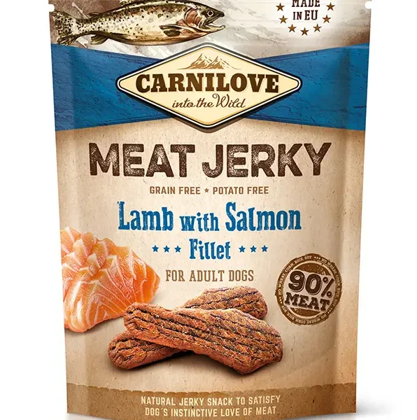 Filetes carnilove jerky cordero y salmón 12x100 gramos: delicia natural para mascotas saludables