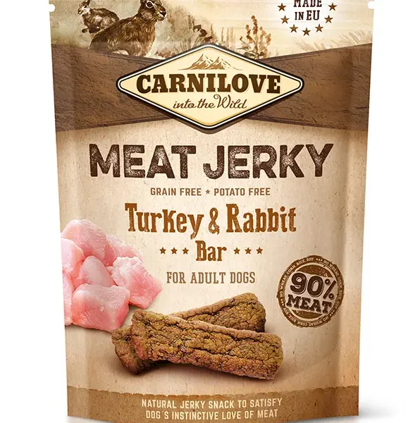 Barritas carnilove jerky conejo y pavo 12x100 gramos: delicia natural para mascotas saludables