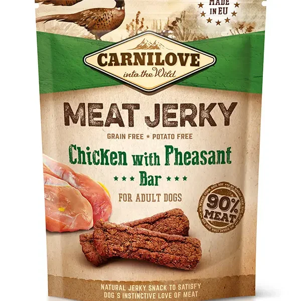 Barritas carnilove jerky de pollo y faisán 12x100 gramos – snack natural para mascotas