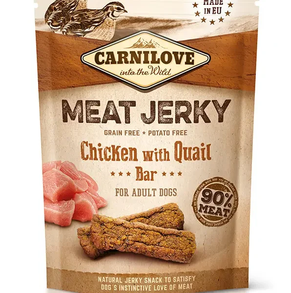 Barritas carnilove jerky de codorniz y pollo 12x100g: snack natural para mascotas saludables