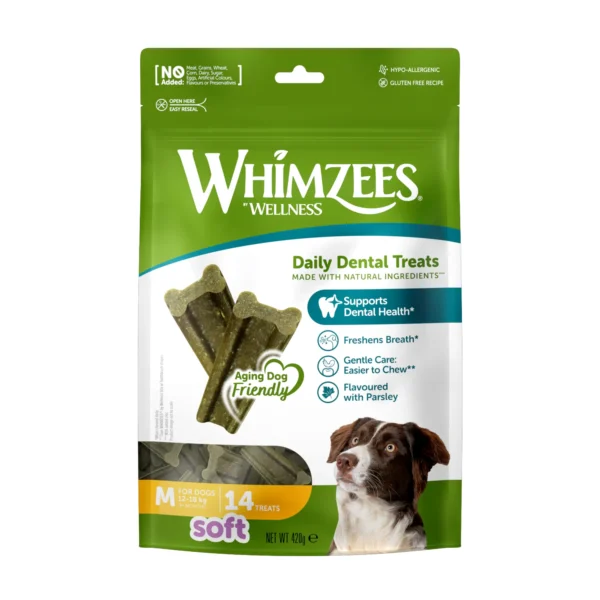 Snacks dentales para perros whimzees soft m 14pc: cuidado oral efectivo