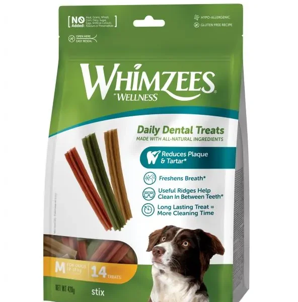 Whimzees stix m 14uds: snacks dentales naturales para perros saludables