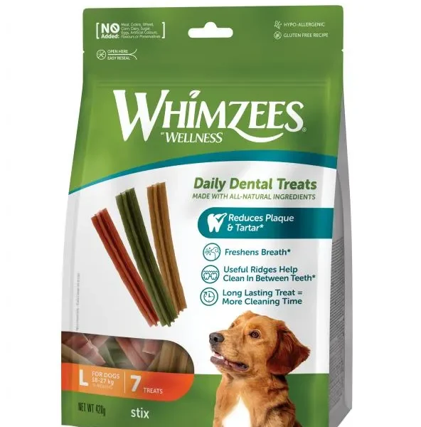 Whimzees stix l: snacks dentales naturales para perros grandes - pack de 7