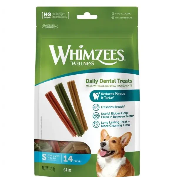 Whimzees stix para perros: cuidado dental semanal con 14 unidades