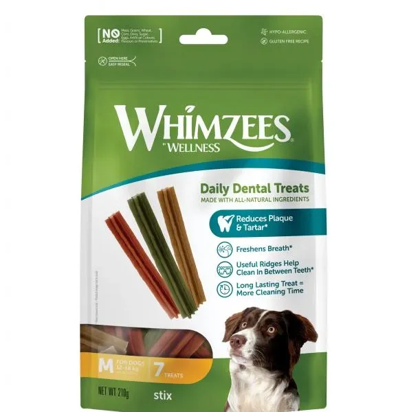 Whimzees stix m: snacks dentales naturales para perros - pack de 7uds