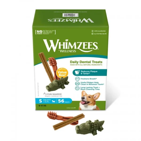 Caja whimzees variety value box s 56uds: snacks dentales para perros saludables y felices