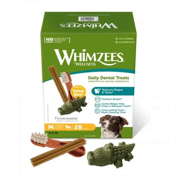 Whimzees caja variety m 28uds: snacks dentales saludables para perros