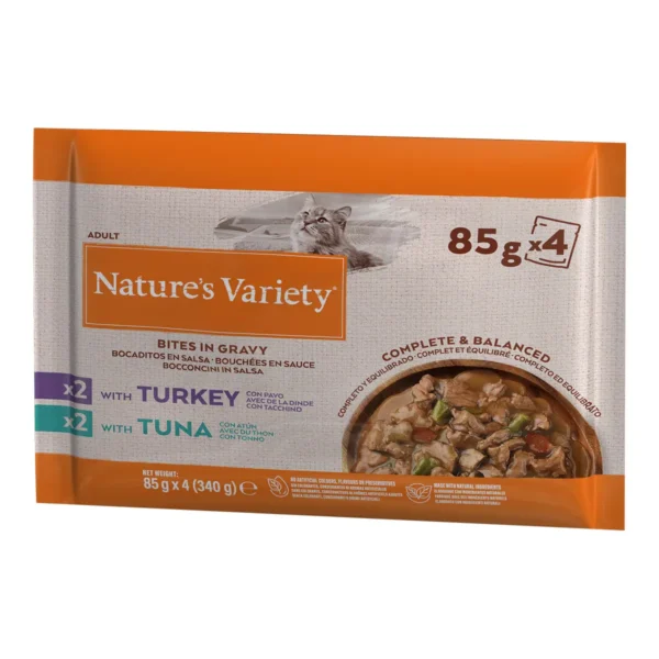 Bocaditos en salsa de pavo y atún para gatos - nature’s v flowp 11x4x85g - alimento húmedo y saludable