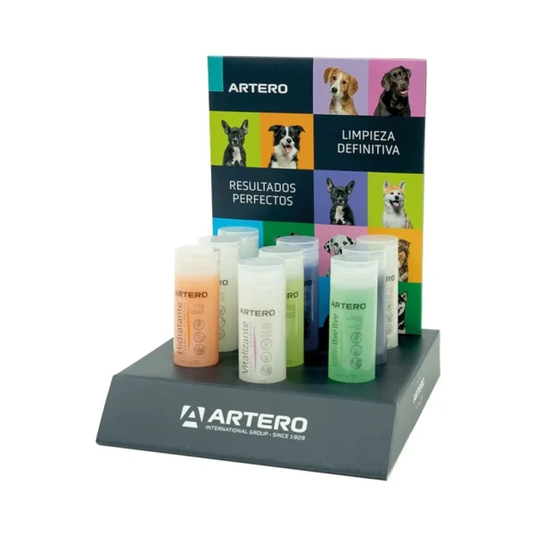 Expositor con 9 champus de viaje 100ml (ndr)