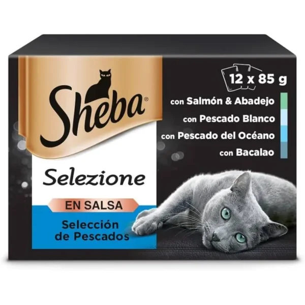 Sheba multipack delicatezze salsa de pescado para gatos - 48 sobres de 85g - comida húmeda y saludable para gatos