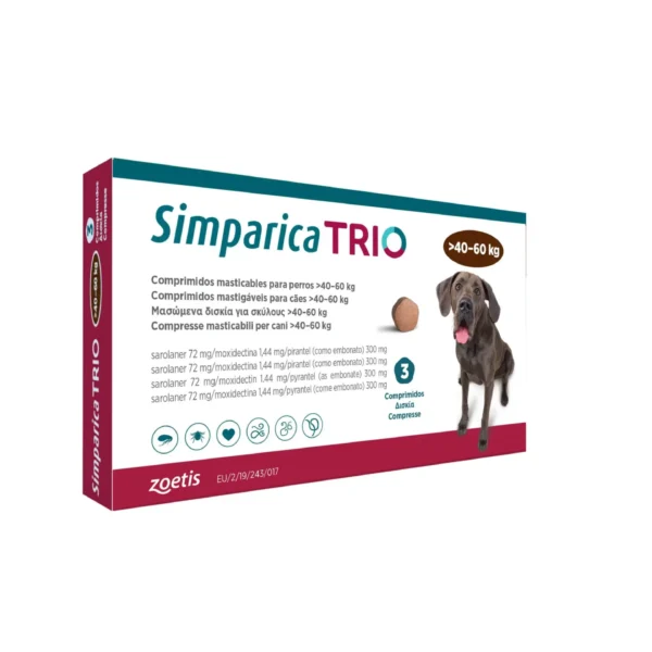 Simparica Trio 40-60 kg – Antiparasitario para Perros | Pulgas, Garrapatas, Lombrices y Gusano del Corazón | Caja 3 Comprimidos Masticables