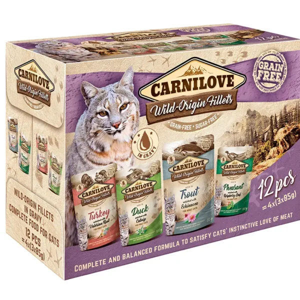 Comida húmeda saludable para gatos carnilove multipack 12x85g - nutrición ancestral sin cereales para digestión óptima y pelaje brillante