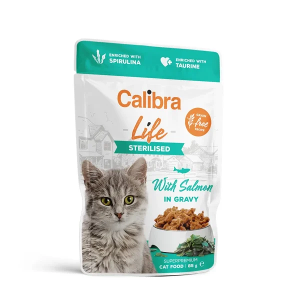 Calibra cat life pouch esterilizado salmón en salsa 28x85g - comida húmeda saludable para gatos