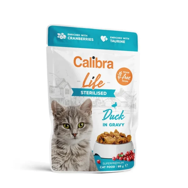 Calibra cat life pouch esterilizado pato en salsa 28x85g - comida húmeda saludable para gatos