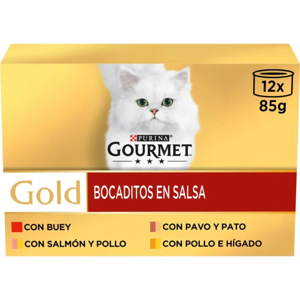 Gourmet gold multi bocaditos en salsa surtido 12x85g - alimento húmedo saludable para gatos con fibra y prebióticos para control de bolas de pelo