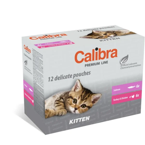 Calibra Cat Kitten пауч мултипак 12x100 г - премиум мокра храна със сьомга, пуешко и пилешко месо