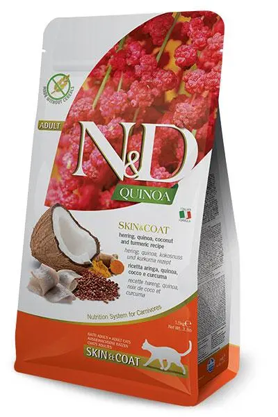 Farmina n&d quinoa skin & coat arenque para gatos 1.5kg - alimento hipoalergénico para piel y pelo saludables