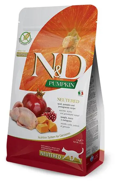Farmina nd cat pumpkin neutered quail 5kg - grain-free adult sterilized cat food with quail and pumpkin