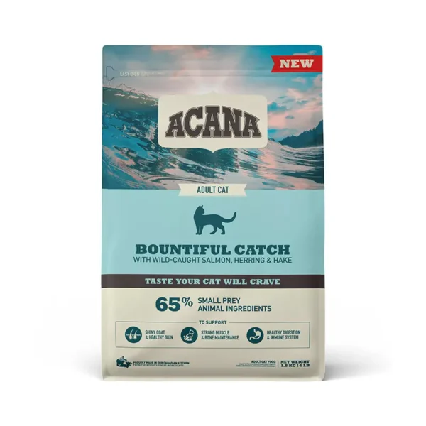 Acana Feline Adult Bountiful Catch Premium suché krmivo pre dospelé mačky 1.8 kg – Bohaté na bielkoviny z lososa, sleďa a pstruha, bez obilnín pre optimálne zdravie a lesklú srsť