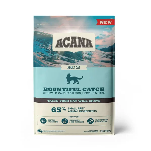 Acana feline adult bountiful catch 4.5kg - alimento seco premium para gatos adultos con salmón, arenque y trucha, sin cereales