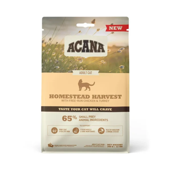 Acana feline adult homestead 340g: alimento seco premium para gatos con pollo, pavo y pato criados en libertad