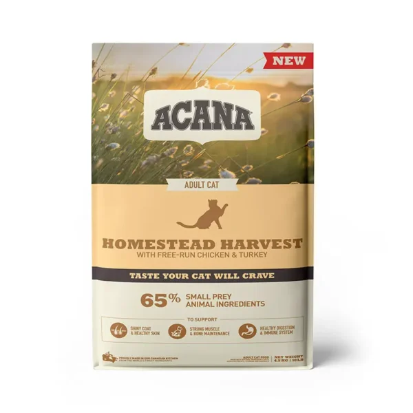 Acana feline adult homestead 4.5kg: alimento seco premium para gatos con pollo, pavo y pato criados en libertad