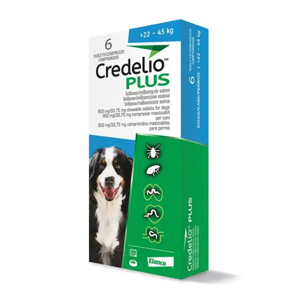 CREDELIO PLUS DOG 900MG 22-45 kg 6 tabletter – bredspektret orale antiparasitter, lopper, flått og indre parasitter
