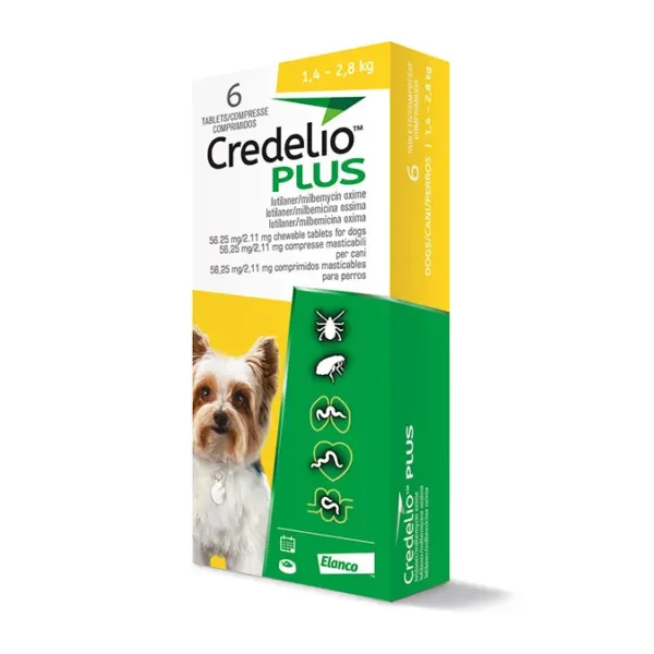 CREDELIO PLUS DOG 56MG 1,3-2,5KG 6 Kiniin-Bad Spectrum Oral Antiparasitic, boodada, shilinta iyo dulinka gudaha