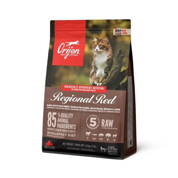 Orijen feline regional red 1.8kg: alimento natural para gatos con carne fresca y cruda de res, jabalí y bisonte