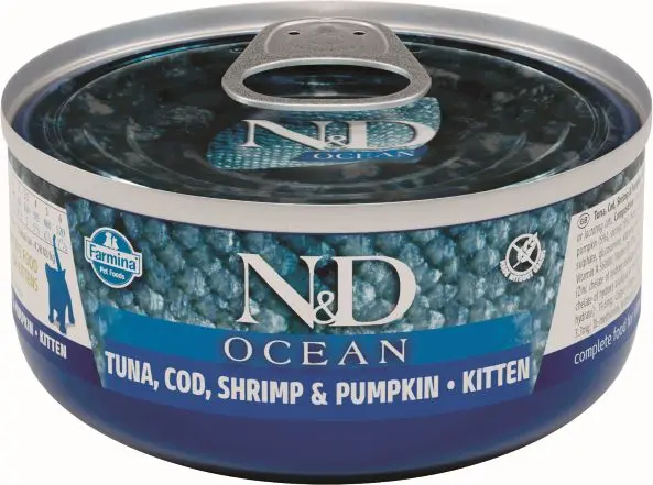 Farmina nd kitten ocean: atún, bacalao y calabaza 24x70g - comida húmeda saludable para gatos