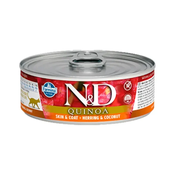 Farmina nd cat quinoa skin coat arenque - comida húmeda saludable para gatos, caja 24x80g